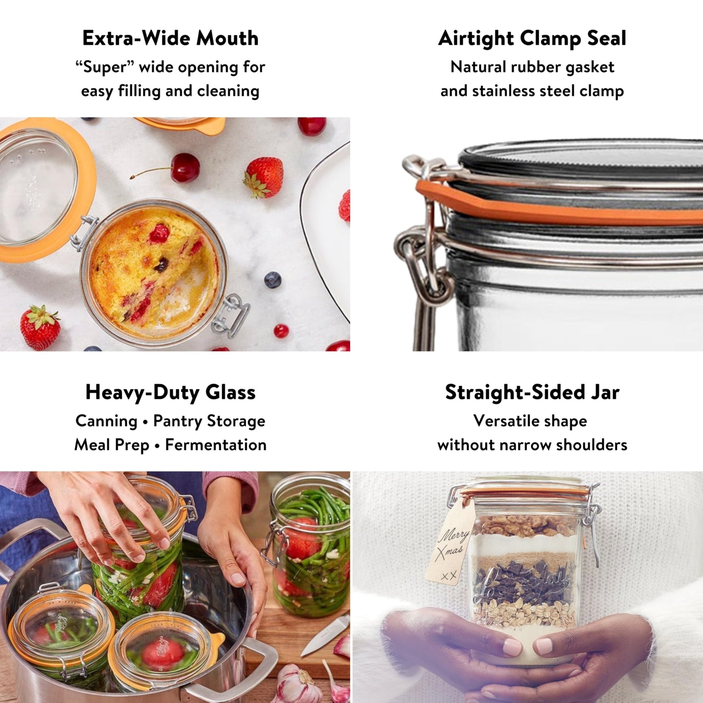Le Parfait Super Terrine 1L (32oz) Zero Waste Eco-Friendly Glass Canning Jar, Airtight Rubber Seal & Wire Bail Lid, BPA-Free, Water Bath Safe for Food Storage & Preserving, Made in France