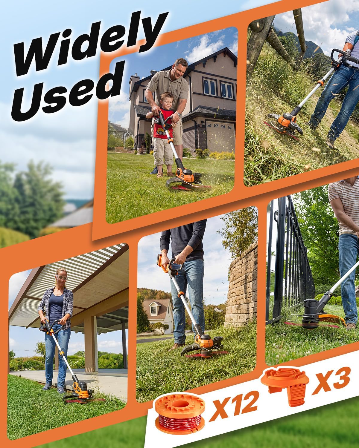 Worx Replacement Trimmer Line Spool - 15 Pack 0.065 Inch Refills & Caps for Weed Eater