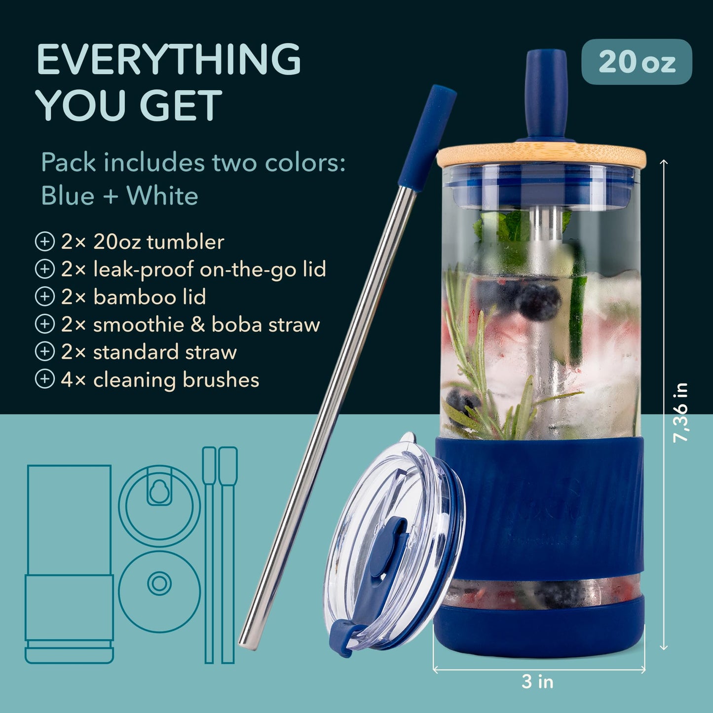 Pandaloo® Glass Cups With Lids and Straws -20 Fl Oz- Perfect Size Iced Coffee Cup - Smoothie Cup With Bamboo Lid and On the go Lid - Glass Tumbler (2 Count (Pack of 1), Galactic Blue-Coton White)