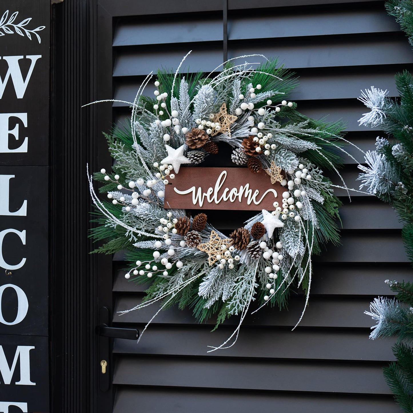 Pinkpuii Winter Wreath for Front Door - 24 Inch Outdoor Christmas Snow Covered Artificial Flocked Spruce Wreath with Pinecones, White Berries, Green Evergreen Xmas Holiday Welcome Decor