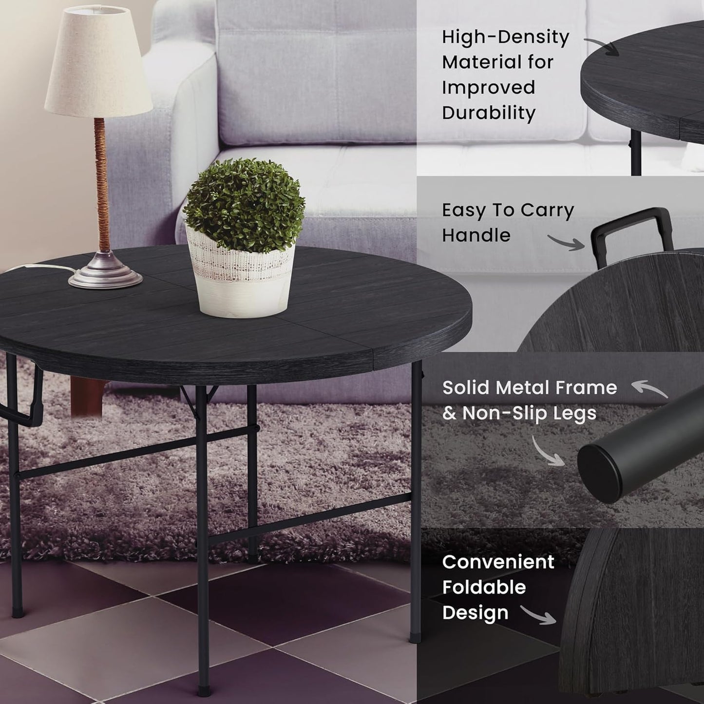 Modern Space 3.5 Feet Circular Foldable Table - Heavy Duty Portable Design with Built-In Handle | Ideal for Events, Picnics & More