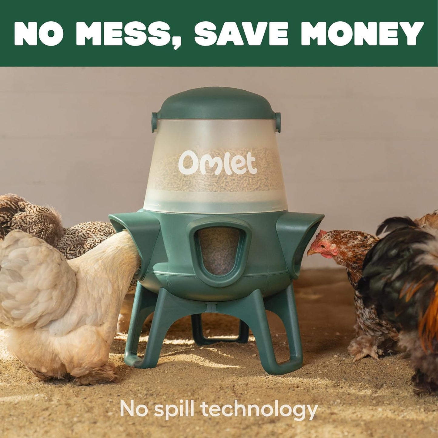 Omlet No Waste Chicken Feeder - No Spill BPA-Free Poultry Feeder with 5 Anti-Bully Ports | Feeds 6 Hens for 7 Days | 12lb