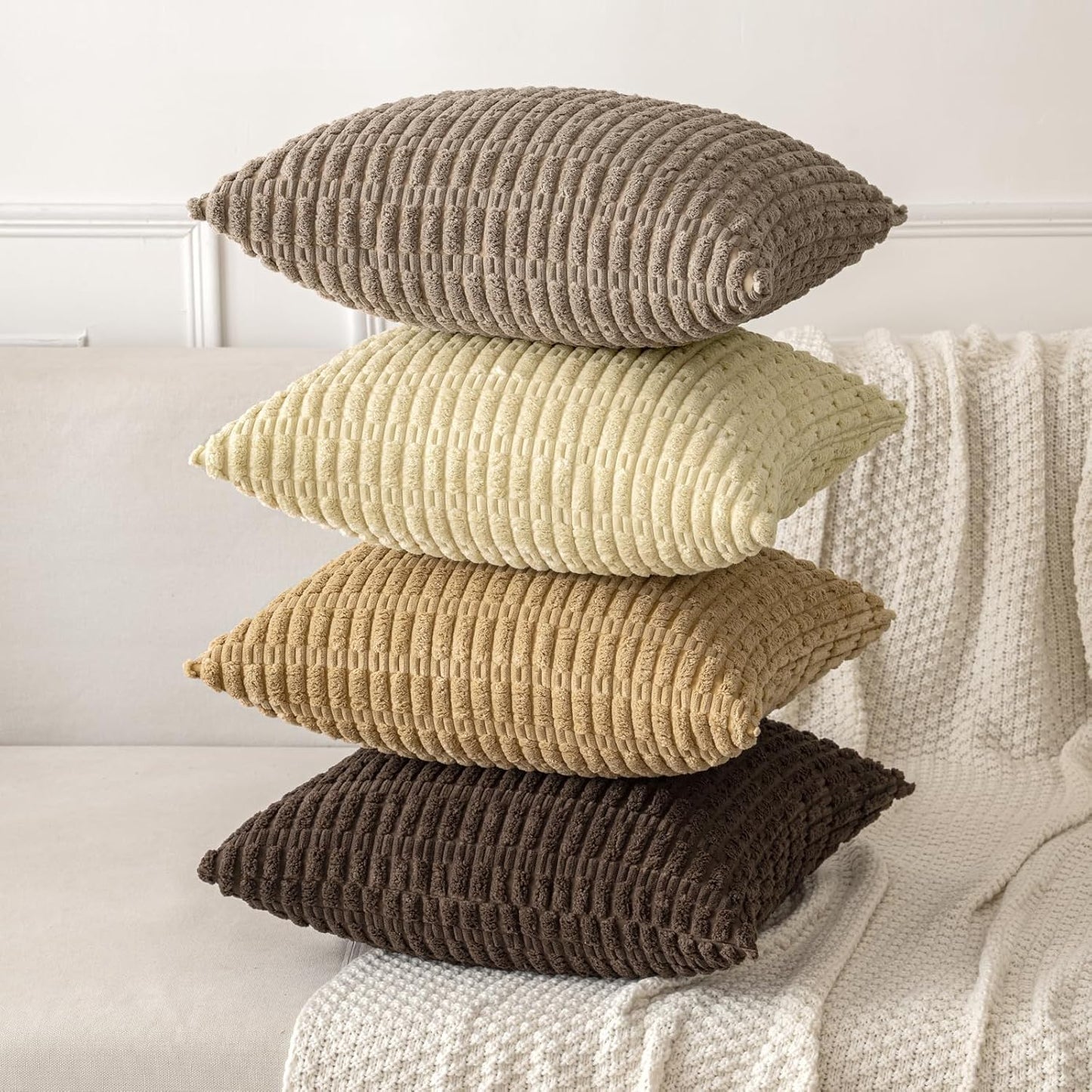 MIULEE Euro Sham Pillow Covers - Soft Corduroy Boho Striped Design | 24x24 Inch Beige for Modern Home Decor