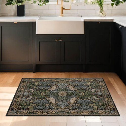 Hazo Haus Washable Floral Rugs - Vintage Dark Botanical Design | Small 2x3 Indoor Mat in Brown Tones