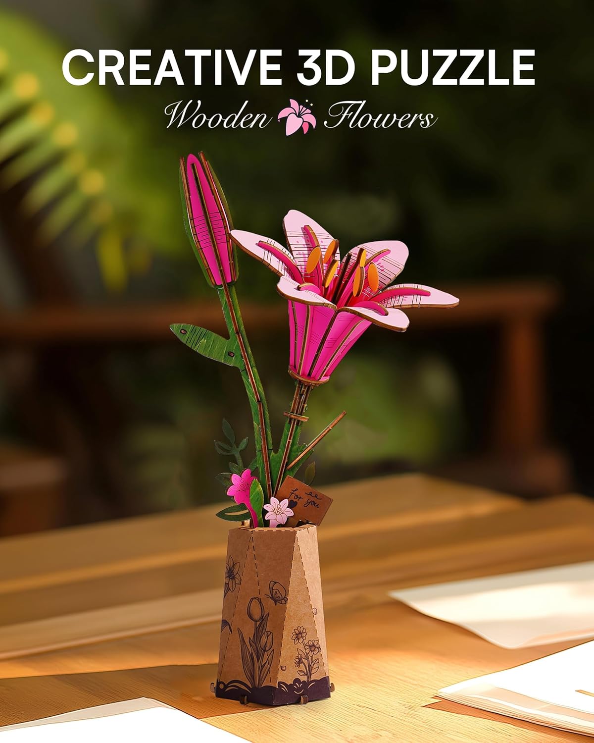 Skiennix 3D Flower Wooden Puzzle - Pink Lily DIY Model Kit for Adults | Creative Gift for Mother's Day (73PCS)