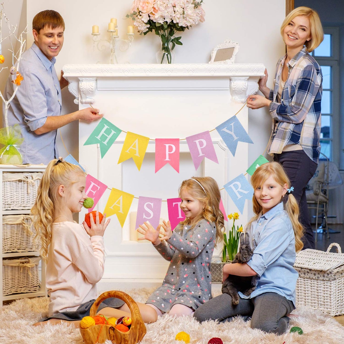 TUPARKA 2pcs Easter Banners, 'Happy Easter' Bunting Garland Decorations, Lightweight Hessian Banner, Pennant Shape, 2.5m Length, Ideal for Party, Indoor & Outdoor, Hand Wash Only