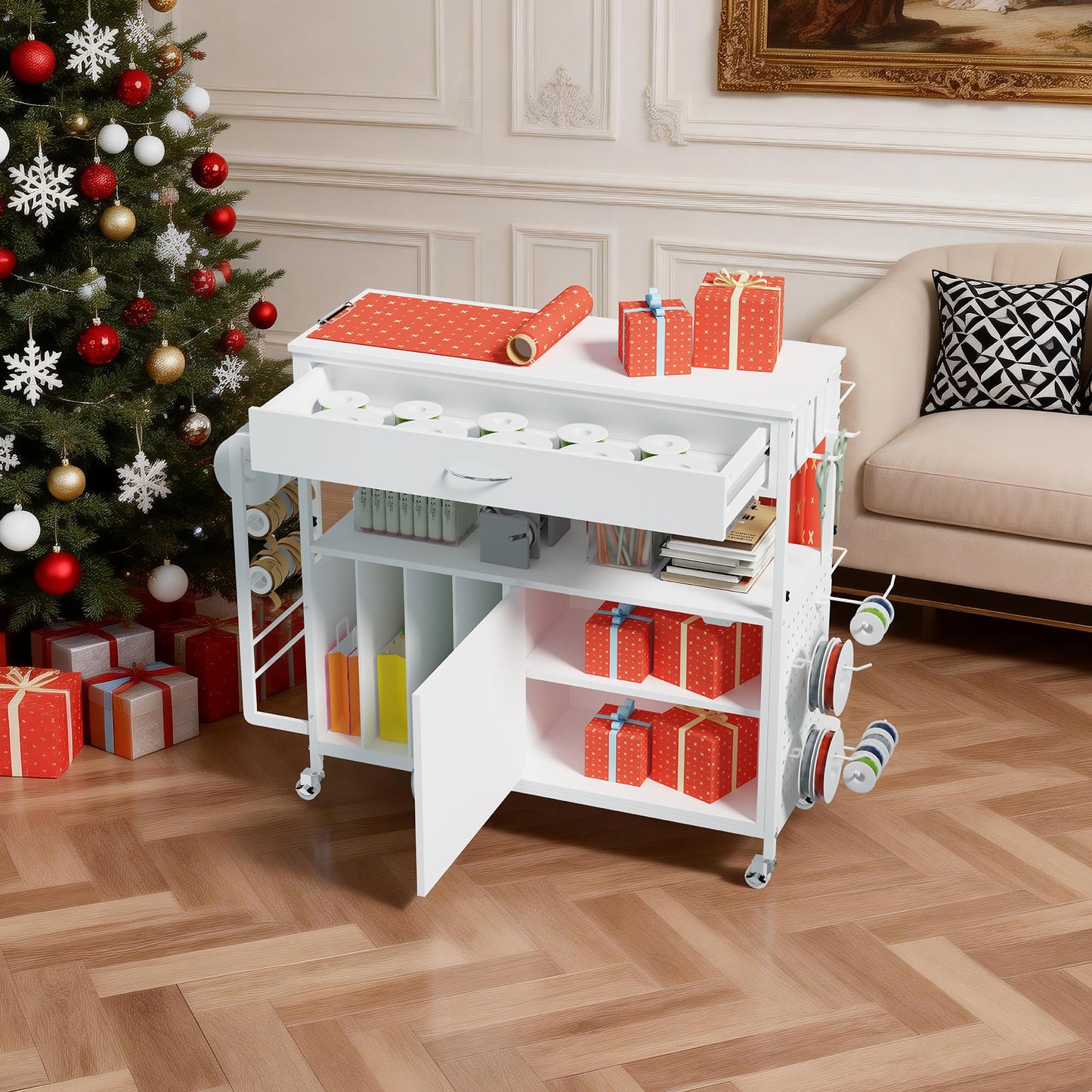 Zethvax Height-Adjustable Gift Wrapping Station with Paper Clamp & Adhesive Measuring Tape,Rolling Wrapping Paper Cart with Ribbon & Gift Bag Storage, Craft Organizer Workstation (White)