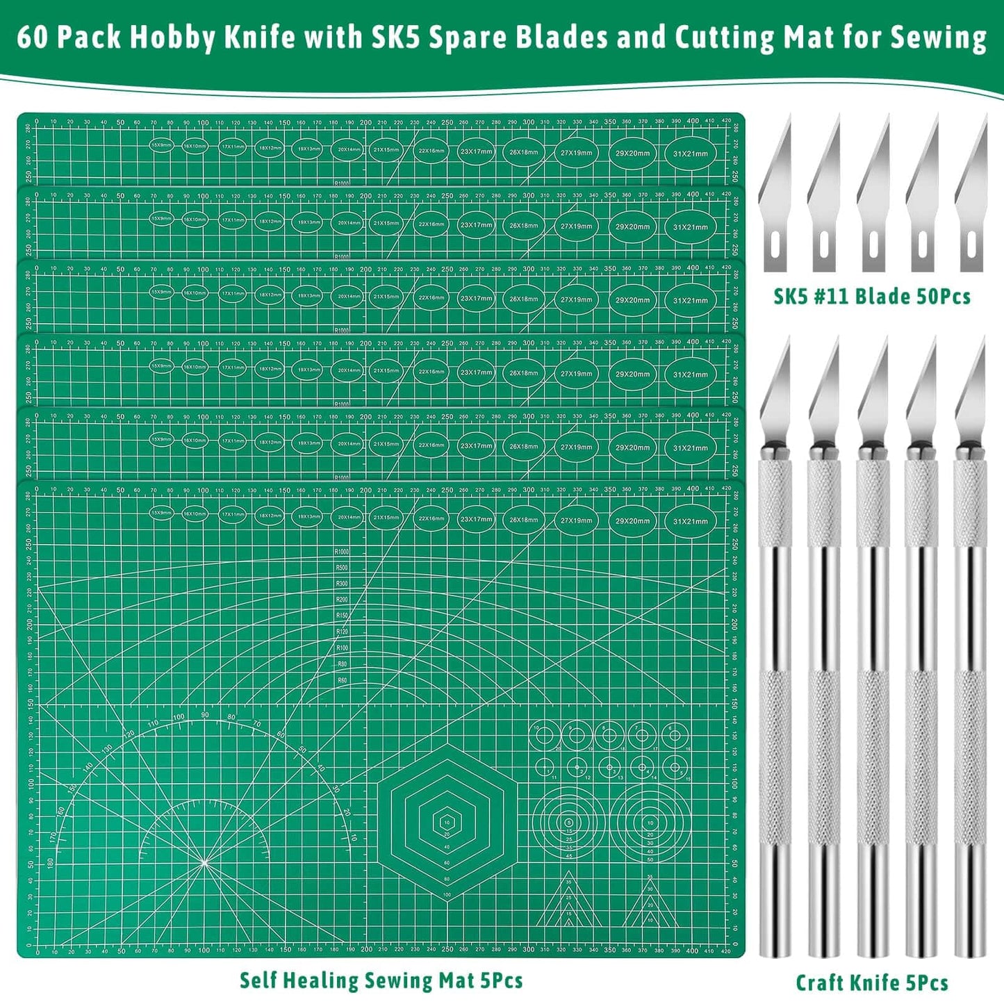 5 Pack Self Healing Cutting Mats and Exacto Knife Set, Sewing Mats with Precision Cutters and Extra 50Pcs SK5 Steel Blade 12" x 18" Work Mat for Crafts, Scrapbooking and Quilting