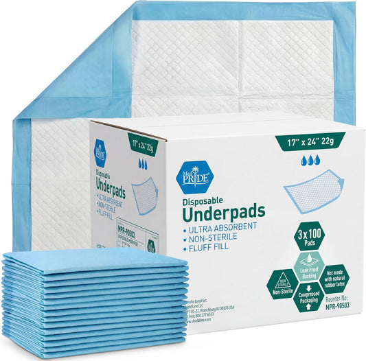 Medpride Disposable Underpads - Super Absorbent Incontinence Pads | 17'' x 24'' | 100-Count for Kids, Adults, Elderly