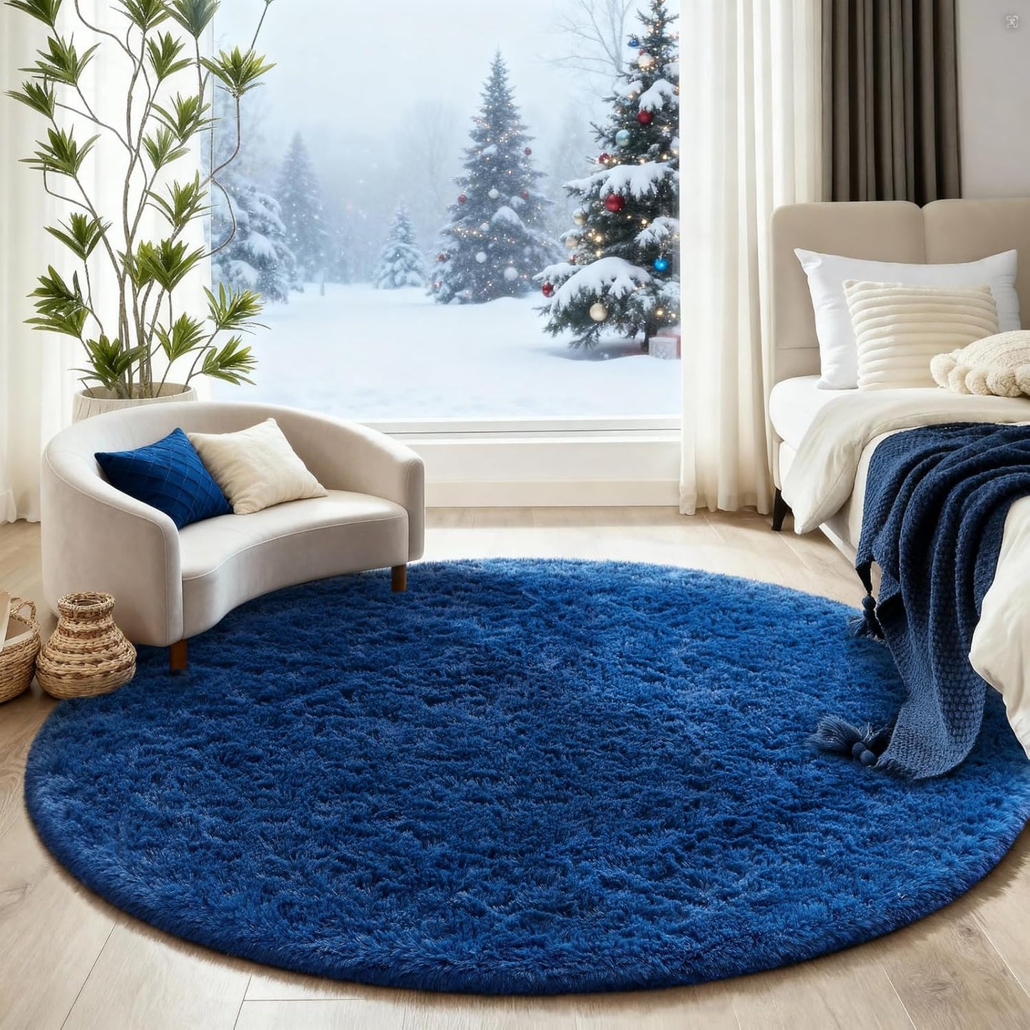 Ophanie Blue Round Rug - 5Ft Plush Soft Shaggy Area Rug for Kids' Room Decor | Fluffy Bedroom Carpet