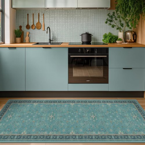 Hazo Haus Boho Kitchen Rug Runner - Teal Non-Slip Washable Design for Bathroom & Hallway