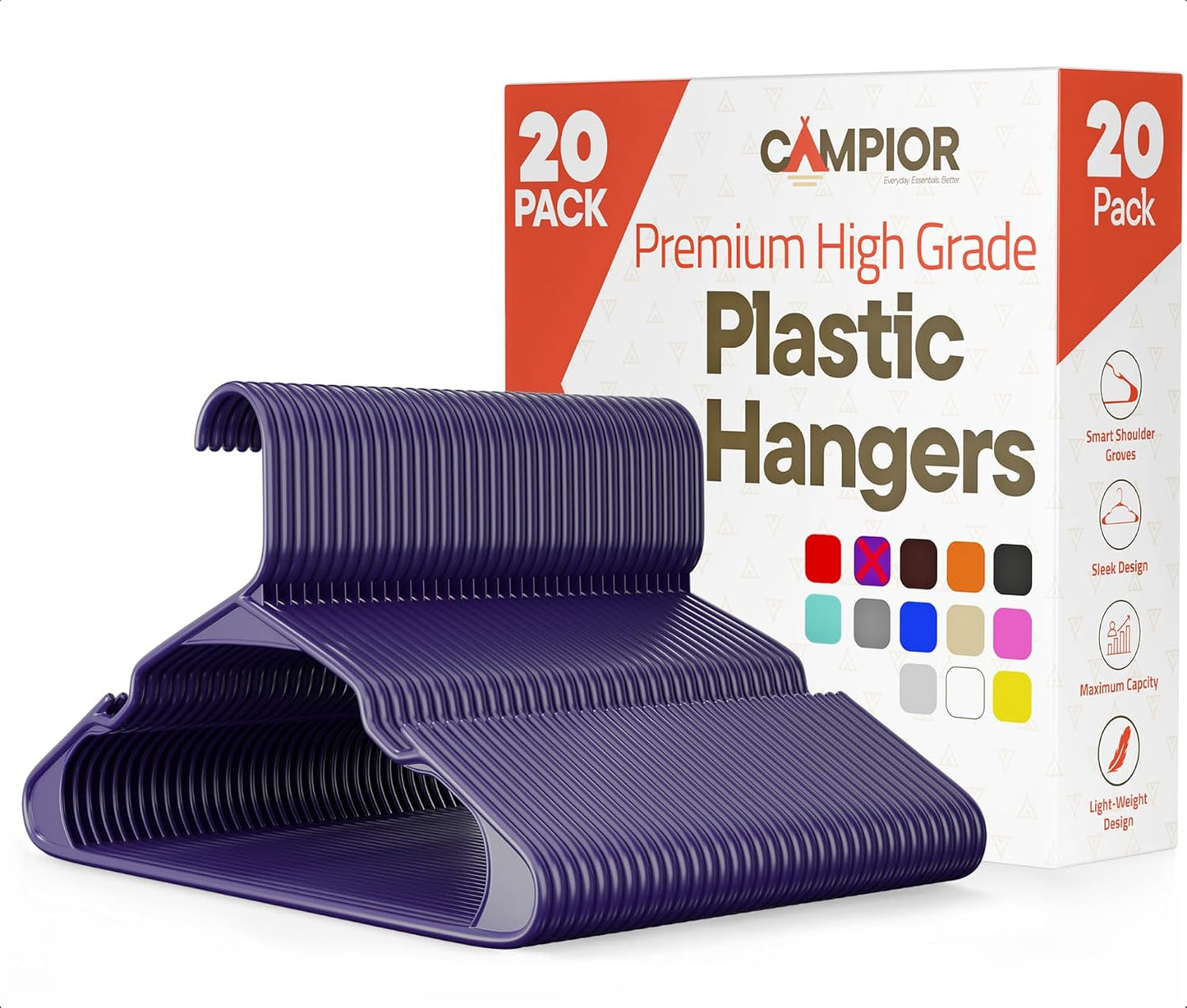 Purple Plastic Hangers - Heavy-Duty Slim Design | 20 Pack with Non-Slip Shoulder Notches for Dresses & Suits