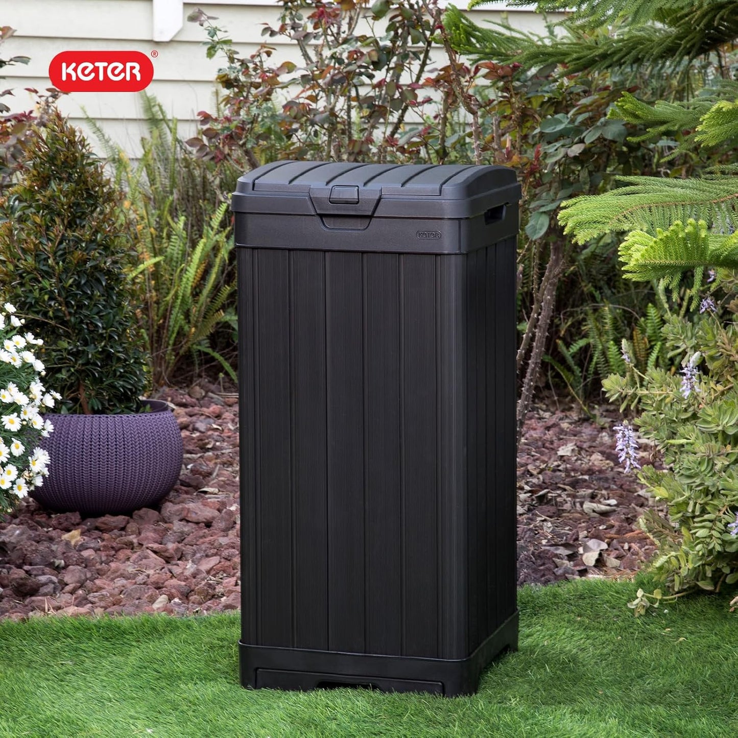 Keter Baltimore 38 Gallon Outdoor Kitchen Trash Can - Resin with Lid & Drip Tray for Easy Cleaning | Black