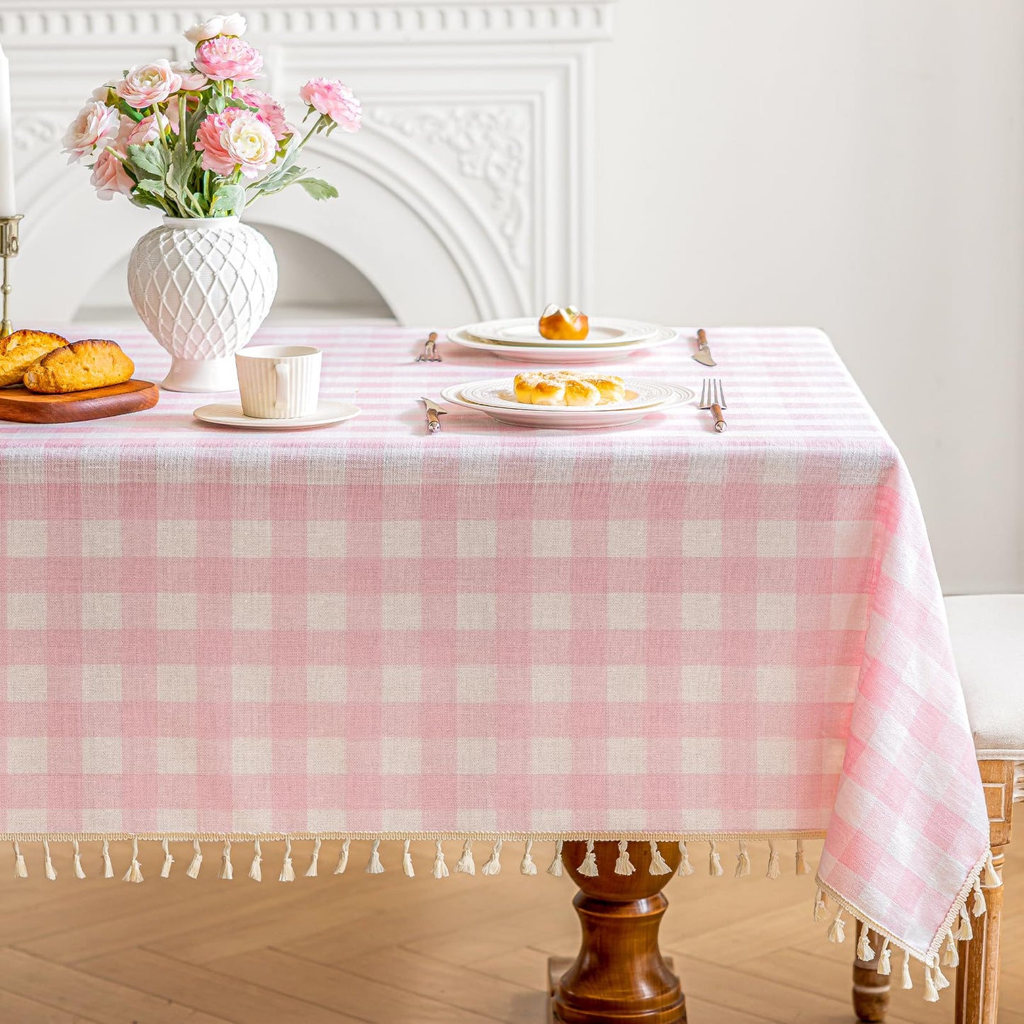 NALVXIN Checkered Tablecloth Rectangle Cotton Linen Gingham Table Cloth with Tassel Washable Wrinkle Free Heavy Duty Buffalo Plaid Table Cover for Dining/Party/Picnic (Pink, 55" x 55" (Square))