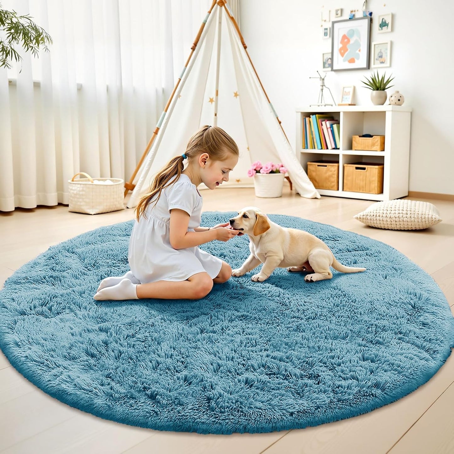 OLANLY Round Slate Blue Area Rug - Soft, Machine Washable 8 ft Circle Carpet for Bedrooms & Living Rooms