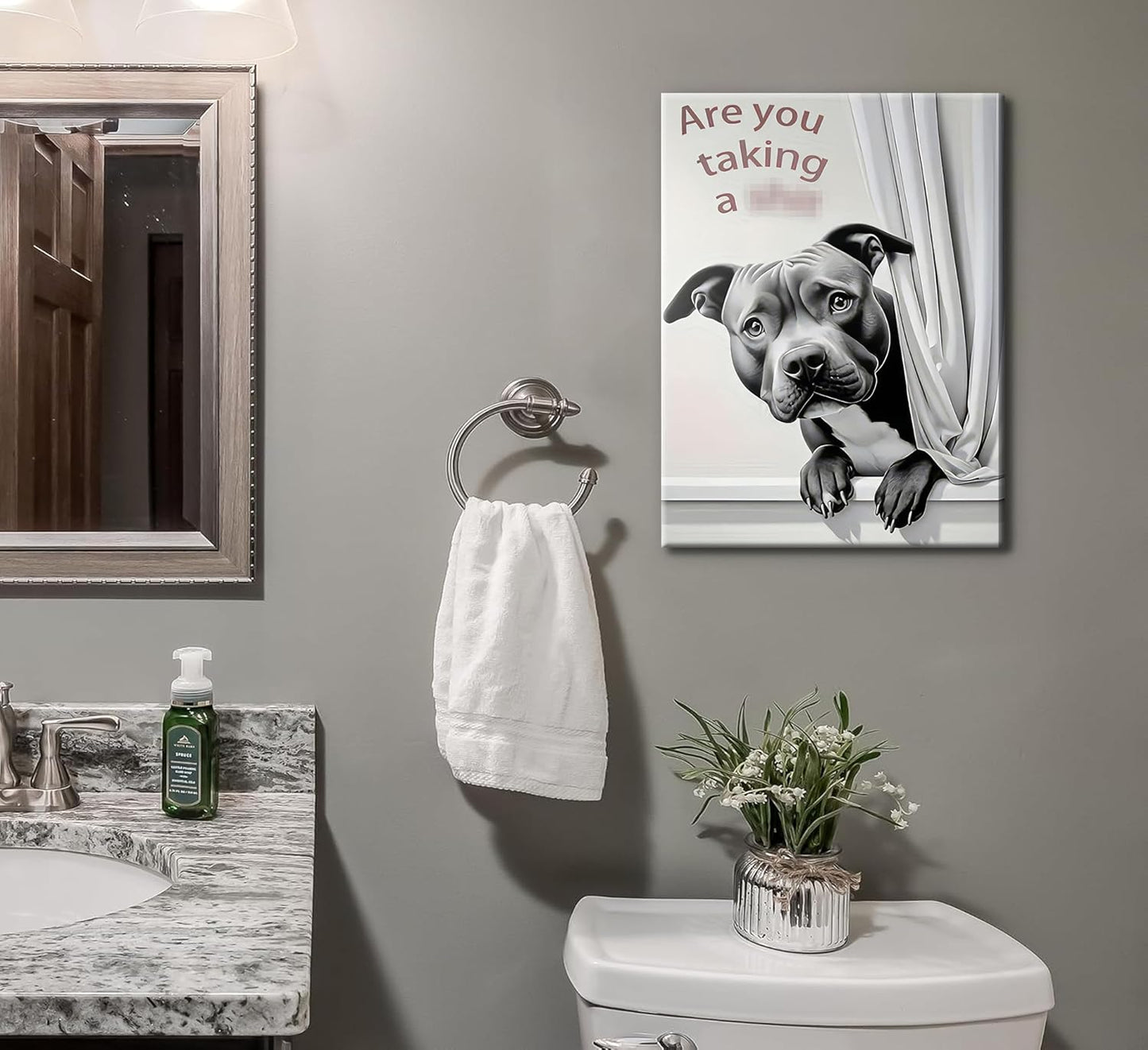 KADEYEE Funny Dog Wall Art - French Bulldog Peeking Into Toilet | Black & White Bathroom Decor, 12x16 Inch Framed Print