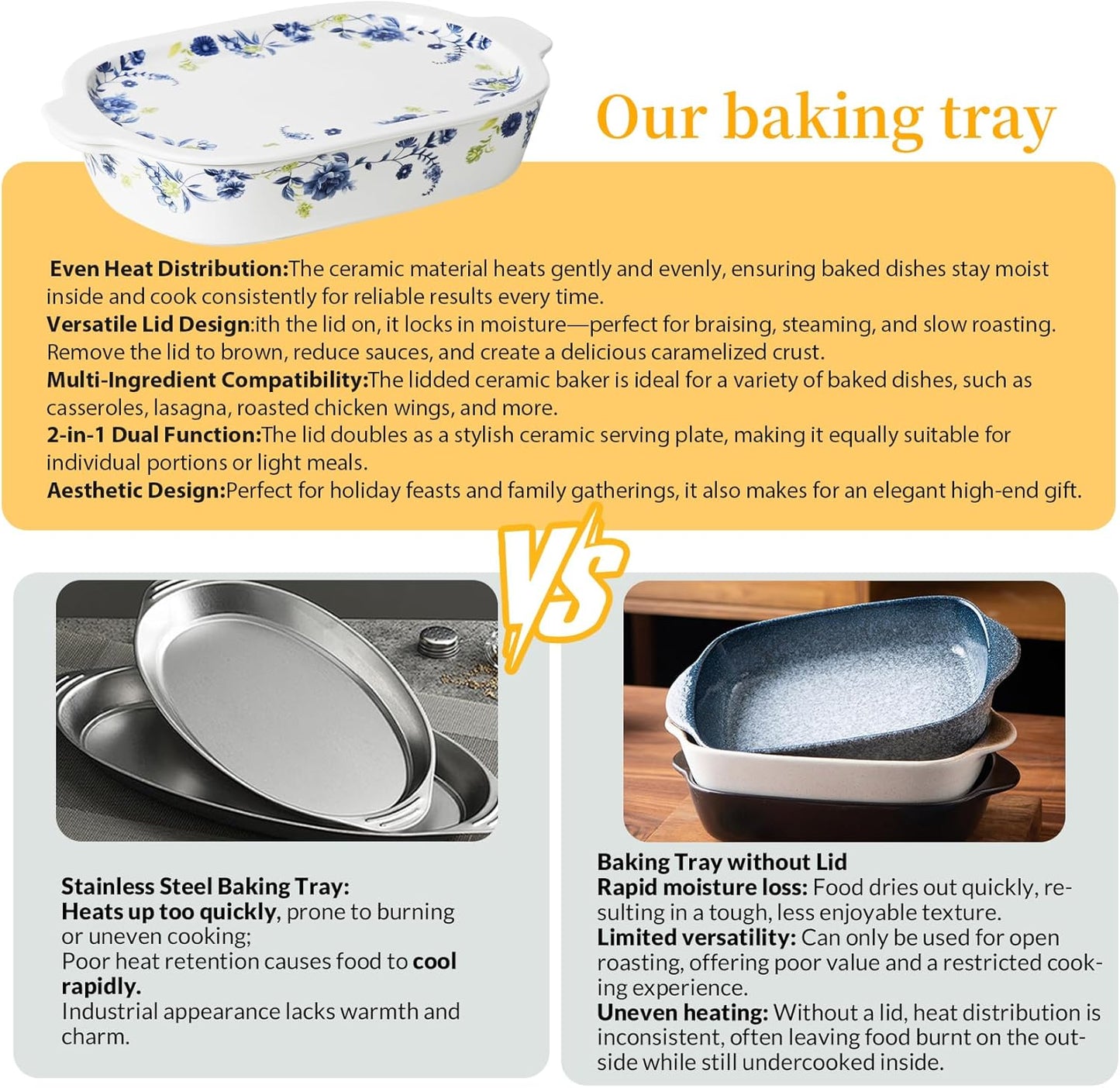 Skiennix Ceramic Casserole Dish Set - 4-Piece Bakeware with Lids | Oven & Microwave Safe, 13x8 & 9x6 Inch