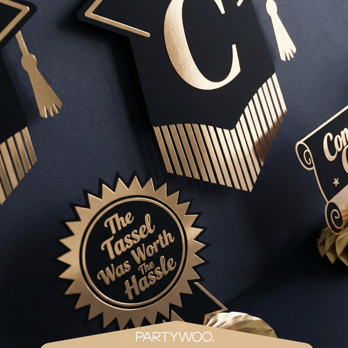 PartyWoo Graduation Decorations Class of 2026 Black Gold 19pcs Grad Party Supplies with Black Gold Congrats 2026 Grad Banner Hanging Swirls Foil Balloons Graduation Cap Centerpieces Party Decorations
