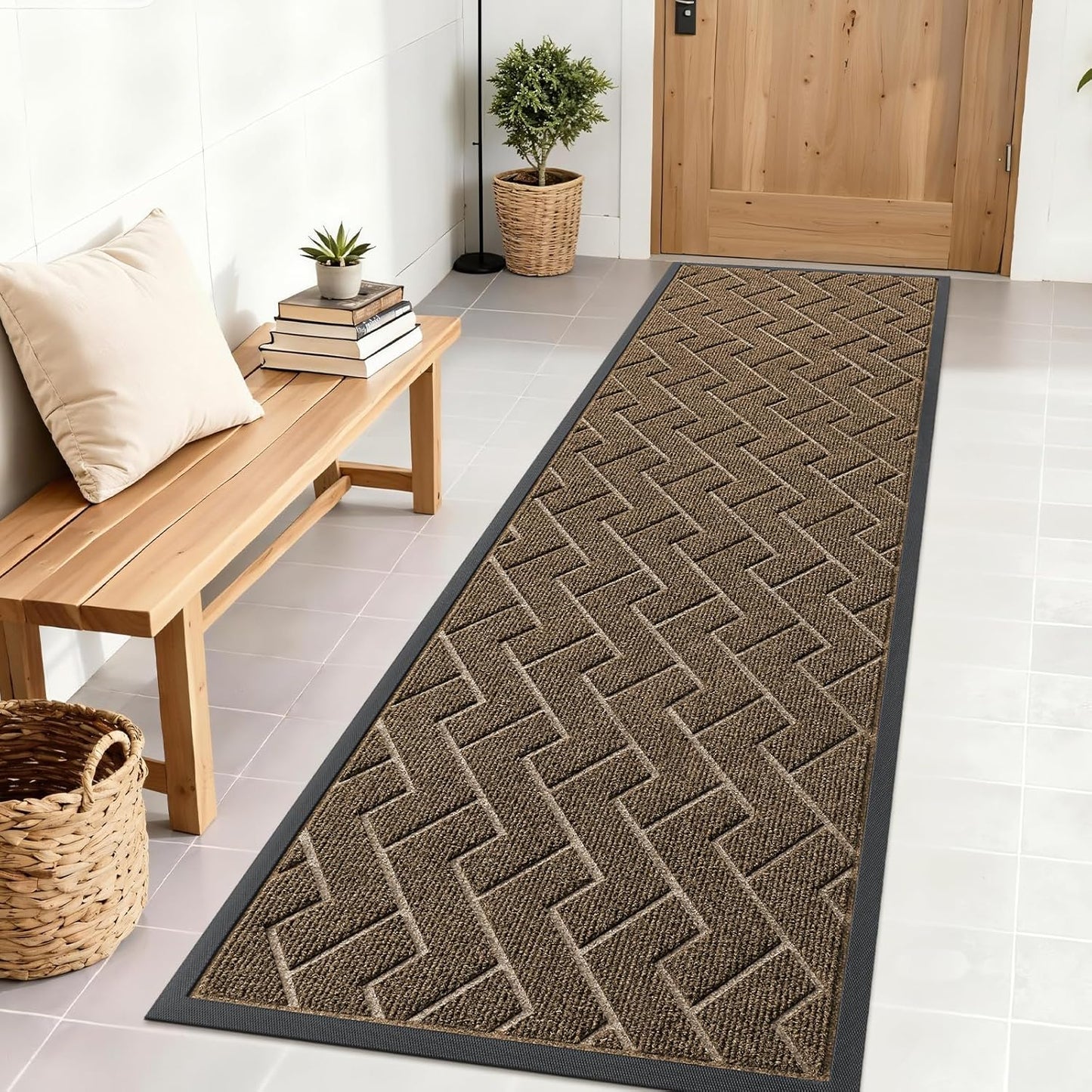 OLANLY Waterproof Front Door Mat - All-Season Herringbone Design | Sturdy Natural Rubber, Easy Clean (Brown, 71x23)