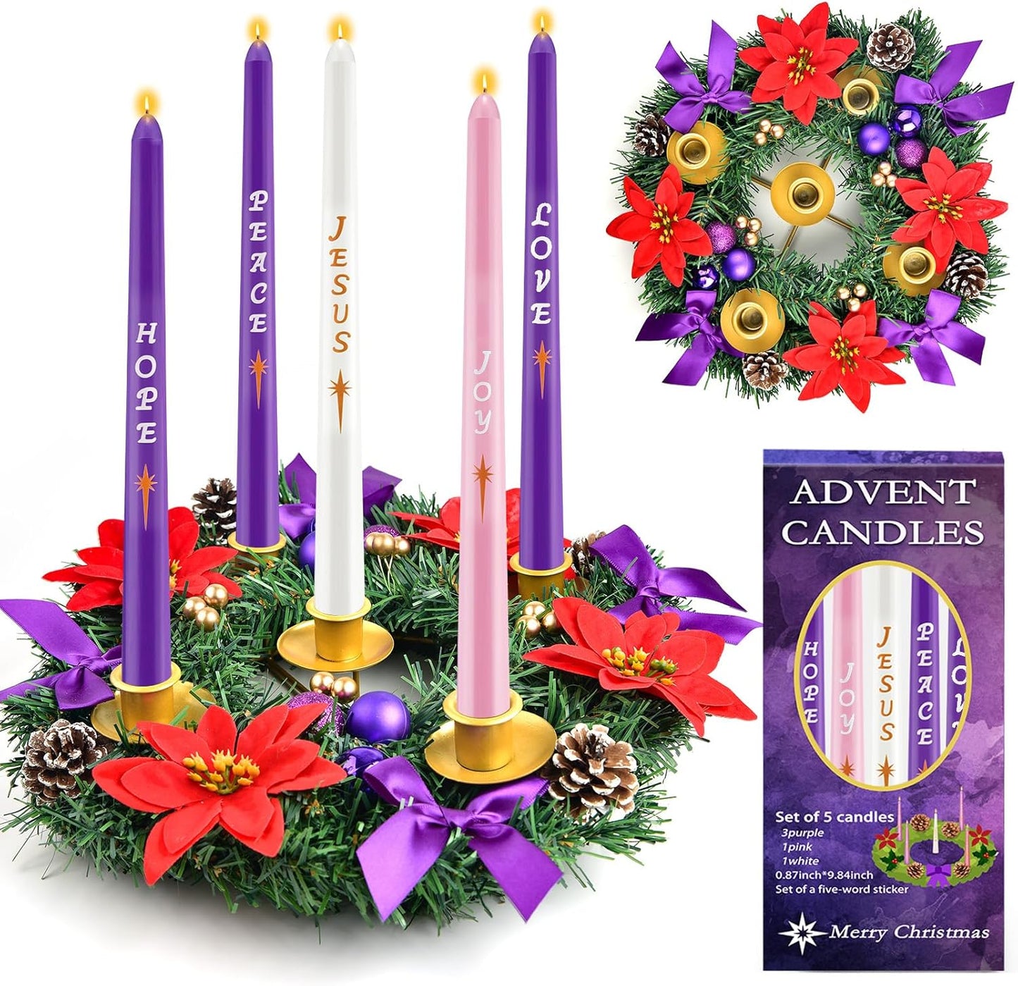 Skiennix 12-Inch Christmas Advent Wreath - 5 Candle Holder Set with Fire Retardant Metal Cups for Indoor Decor