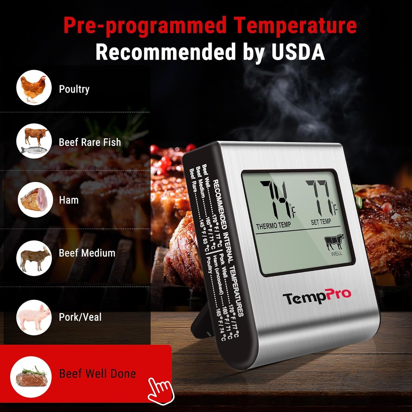 TempPro TP16 Large LCD Digital Cooking Thermometer - Stainless Steel Probe for BBQ & Oven Use