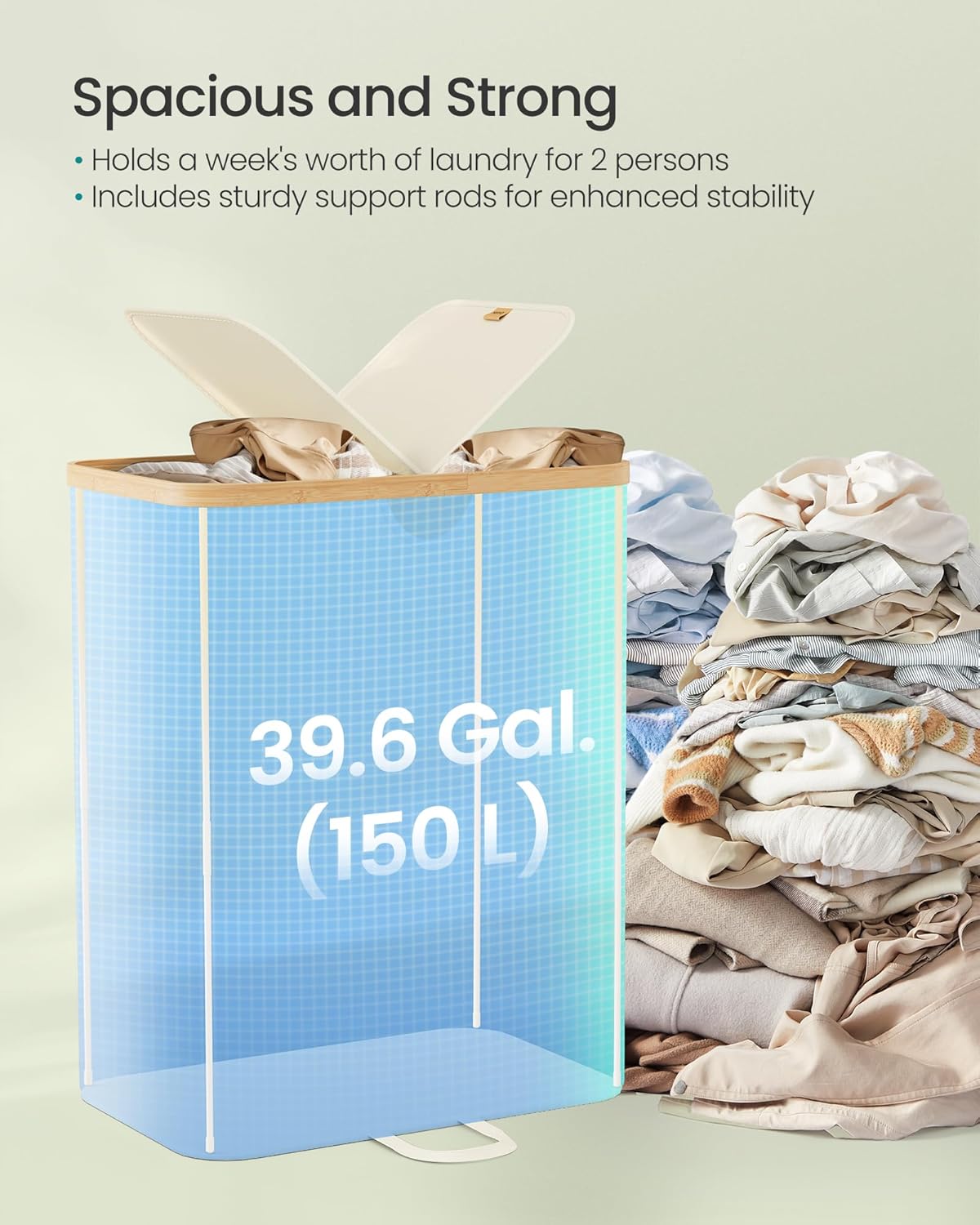 SONGMICS Laundry Hamper - 39 Gal. Dual Compartment Basket with Removable Liner - Cream White & Light Bamboo