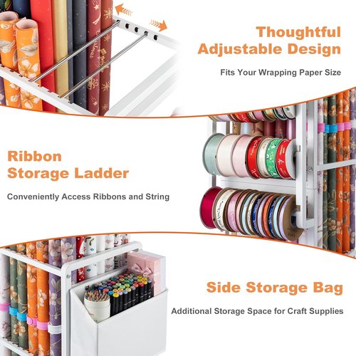 Aquzee Gift Wrapping Paper Organizer - Vertical Storage Cart with Adjustable Rod & Ribbon Holders - White