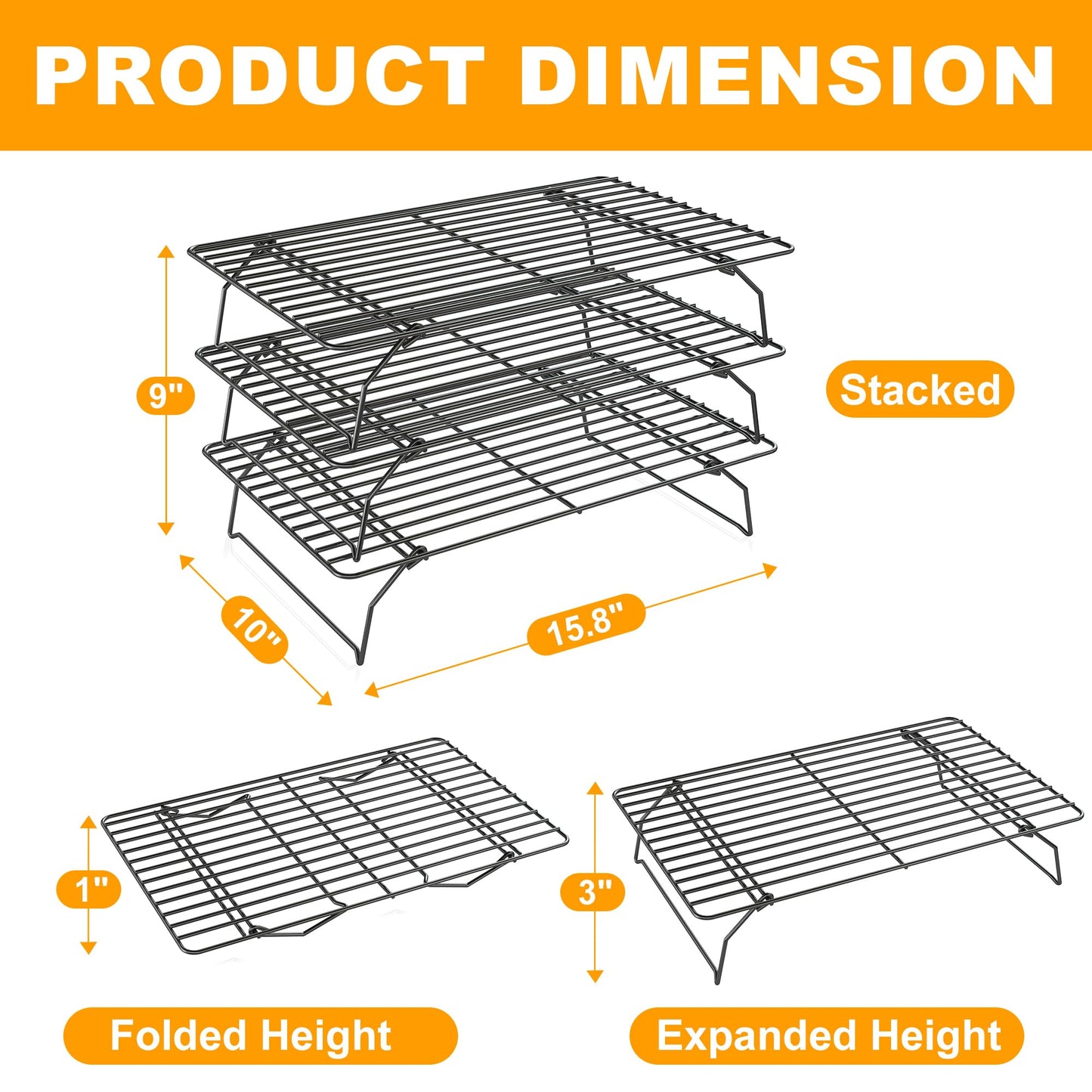3 Tier Stackable Cooling Rack for Batch Cooling Cookie, Pizza, Cake-15.8”x 10”- Heavy Duty Cooling Racks for Cooking and Baking, Oven and Dishwasher Safe Baking Supplies-Black