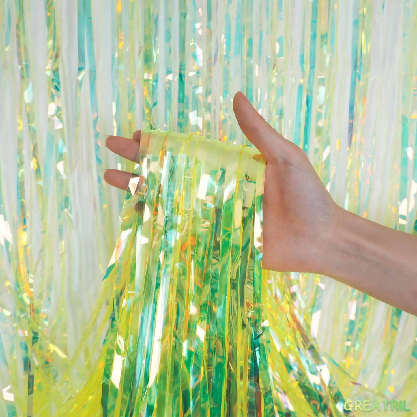 GREATRIL Iridescent Green Party Streamers Tinsel Foil Fringe Curtain for Wild Luau Dinosaur Theme Birthdays Decorations, 3.2 x 6.5 ft, 2 Pack