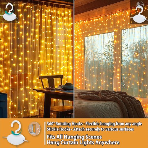 HXWEIYE 300LED Fairy Curtain Lights - 9.8x9.8Ft USB Plug-In with Remote | 8 Modes for Wedding & Bedroom Decor - Warm White, 2 Pack