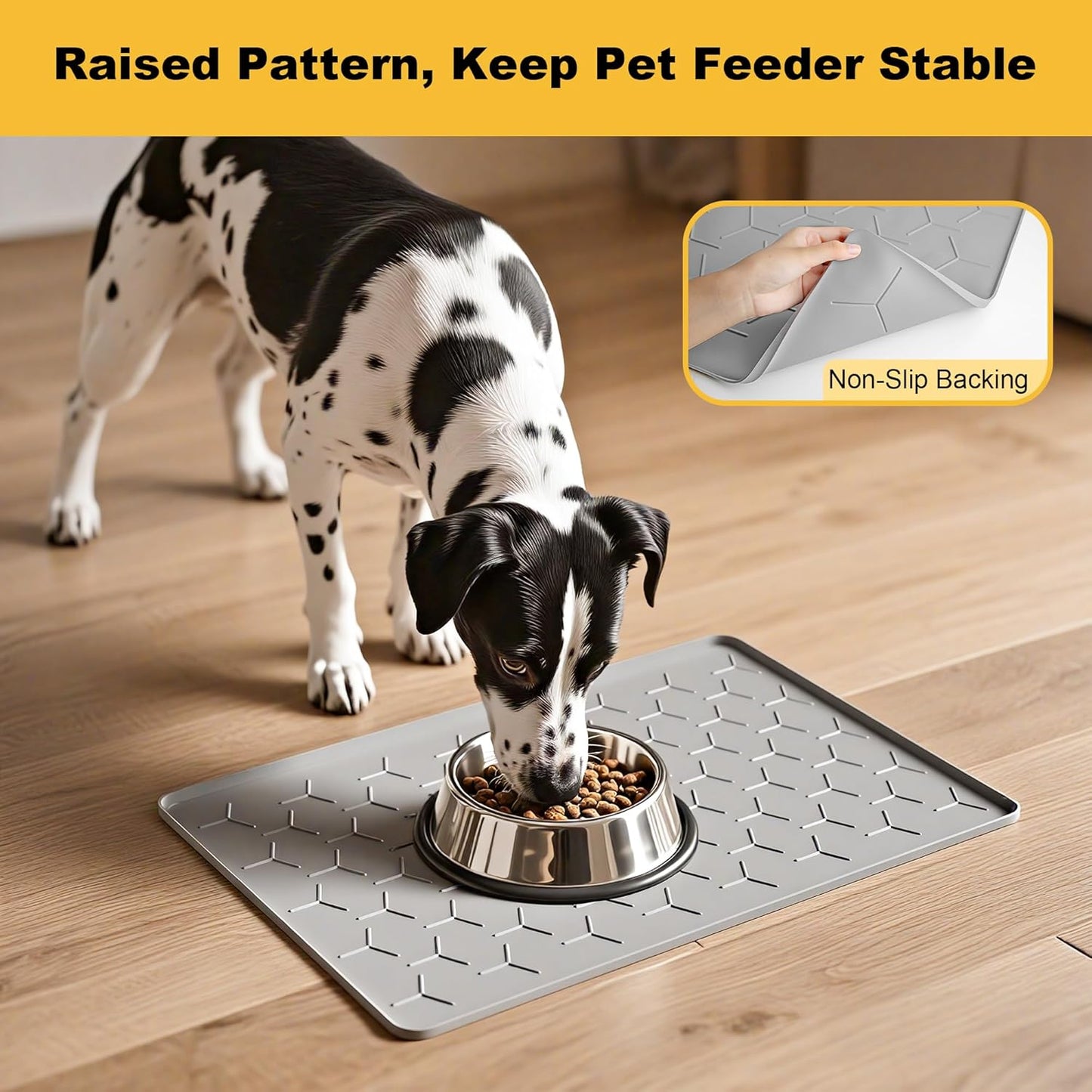 Pieviev Dog & Cat Food Bowl Mat - Waterproof Silicone, Non-Slip Design, 24''x16'', Light Gray