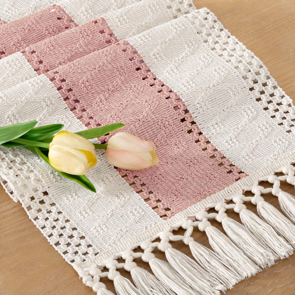 Socomi Boho Table Runner Macrame Long Easter Spring Farmhouse Woven Cotton Linen Rustic Coffee Table Runner with Tassels for Dresser Scarf Home Decor Dining Room 12x108 inPink Ivory