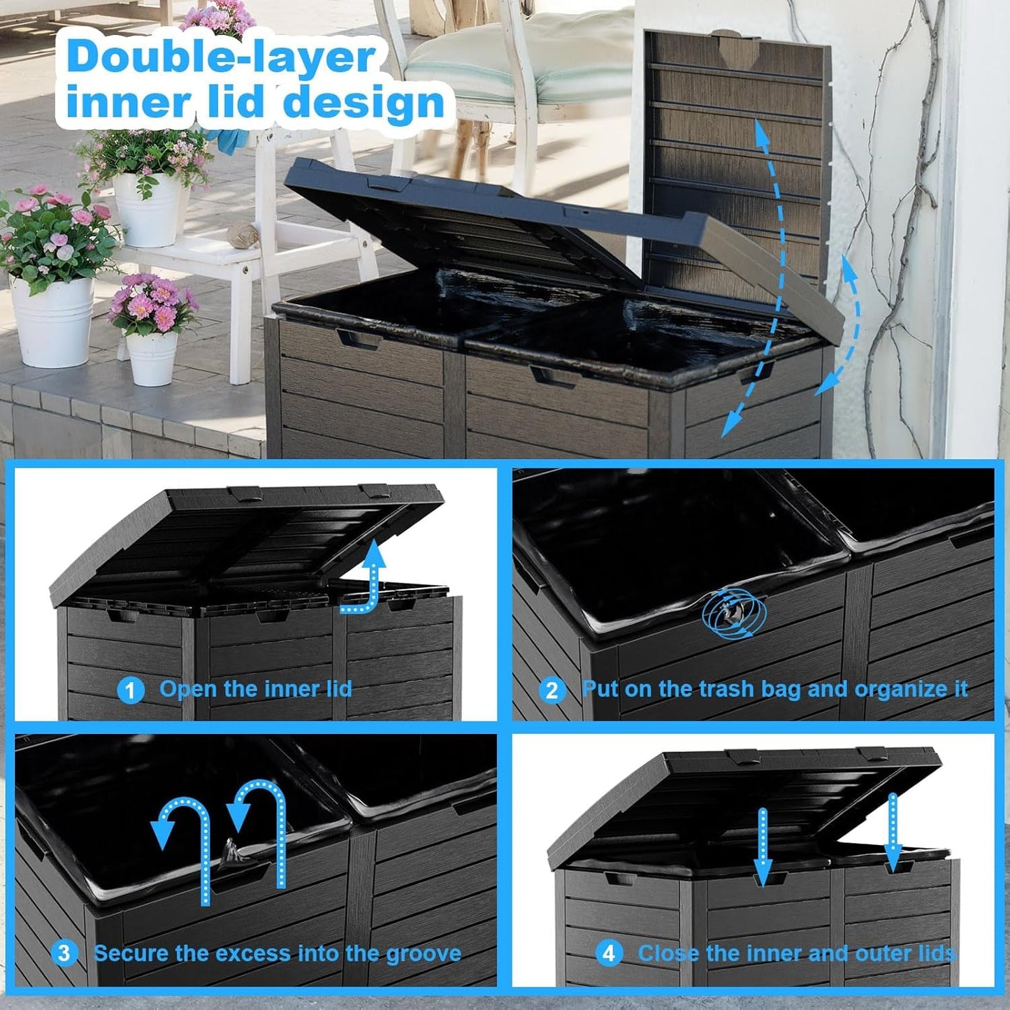 Regine Switzerland Outdoor Trash Can - Waterproof Resin Bin with Dual Lid Closure | 76 Gallon, Black