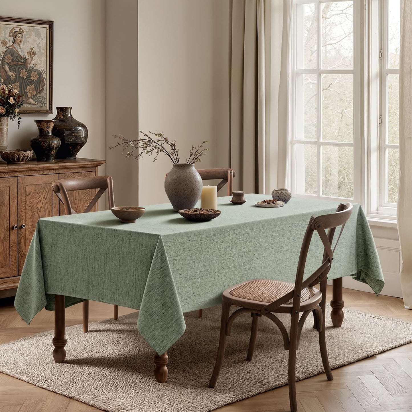 MIULEE Sage Green Linen Polyester Tablecloth 60x104 Inch Spring Rectangle Table Cloth Waterproof,Stain Resistant for Dining Party Wedding