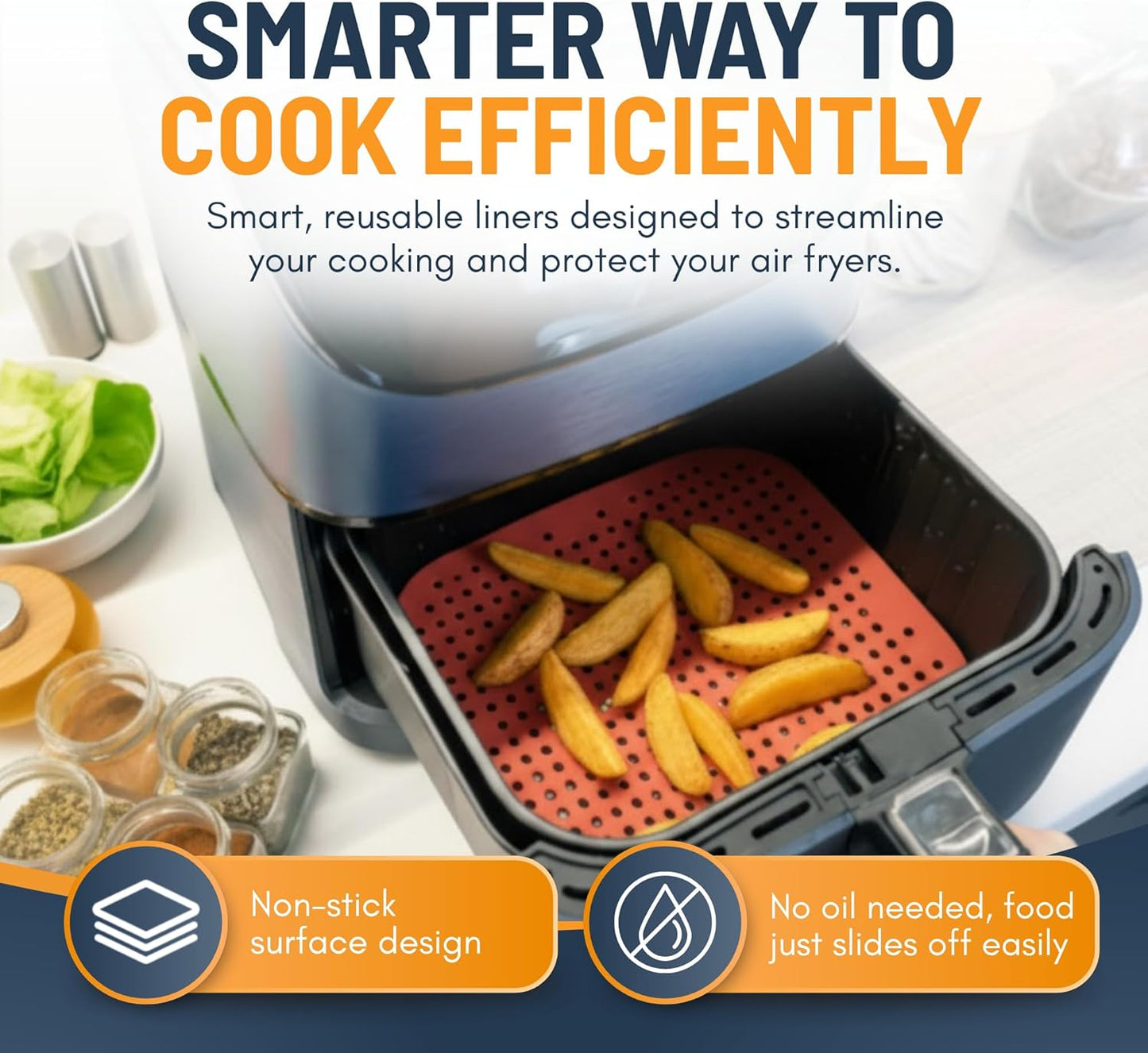 Linda’s Essentials Reusable Square Silicone Air Fryer Liners - Non-Stick, Easy-Clean | 8.5 Inch, 3 Pack with Cheat Sheet & Recipe Book