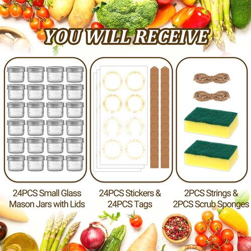 Alotpower 4 oz Glass Mason Jars with Embossed Pattern 24 Pack, Small Canning Jars with Airtight Lids, Mini Glass jars for Jams, Jelly, Honey, Spices,Desserts,Wedding Favors and Gift Packaging