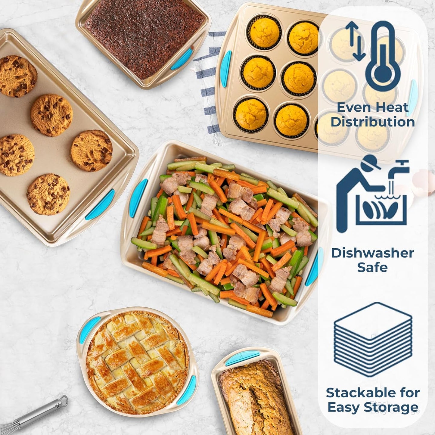Perlli Baking Kit - Nonstick Gold Steel Oven Set with 6 Essential Bakeware Pieces | Round Cake Pan, Loaf Pan, Muffin Pan & More