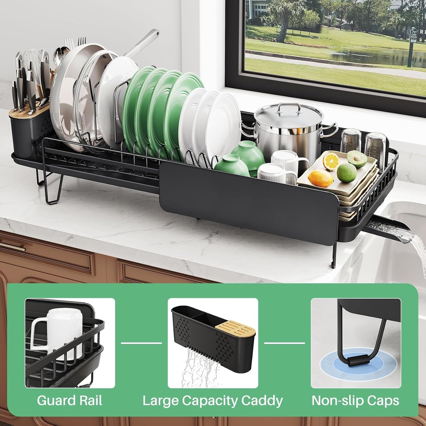 SNTD Large Dish Drying Rack - Expandable Stainless Steel Kitchen Dish Drainer (19.3" to 29.4", Black)