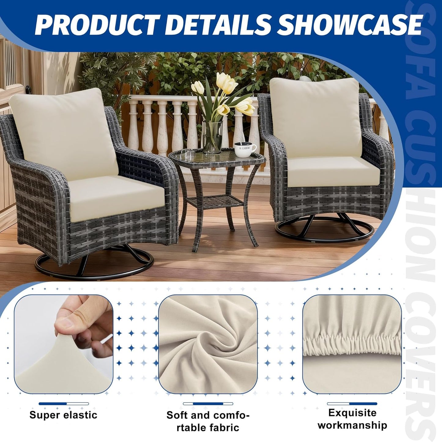 Patio Stretch Cushion Covers - Washable Outdoor Sofa Slipcovers for Furniture Protection (4PCS, Beige)