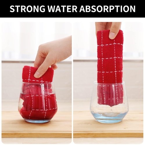 Homaxy 100% Cotton Terry Kitchen Towels(Red, 13 x 28 inches), Checkered Designed, Soft and Super Absorbent Dish Towels, 6 Pack