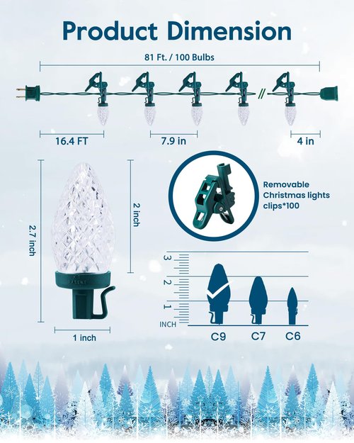 C9 Christmas Lights Outdoor with 100 Spring Clips 65FT 100 LED, C9 String Lights Waterproof Connectable Commercial Grade for Outside House Roof Patio Garden Yard Outdoor Christmas Decorations, White