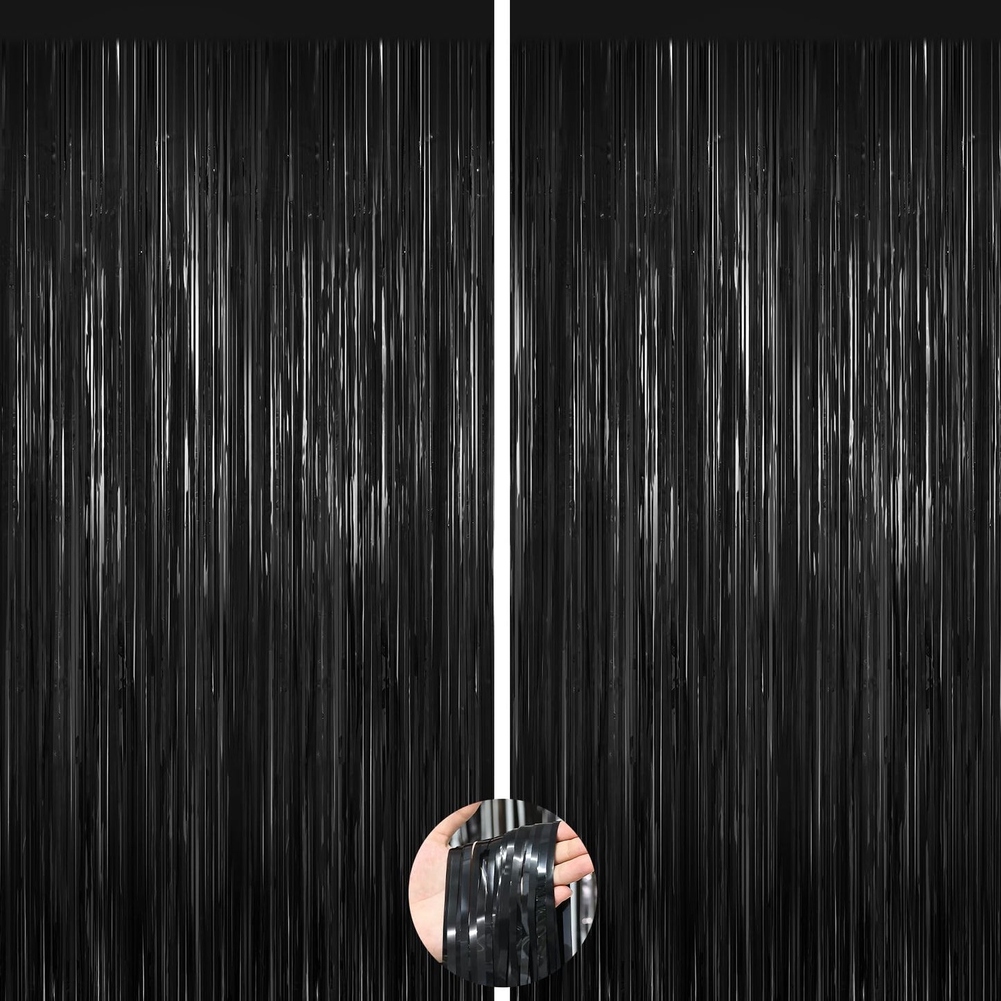 Black Foil Curtain Backdrop,2Pack Black Metallic Tinsel Foil Fringe Curtains Photo Booth Props for Birthday Wedding Graduation Baby Shower Bachelorette Christmas Halloween Disco Party Door Decorations