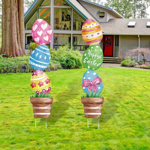 CroBlissful Large Metal Easter Eggs - Rustic 29-Inch Outdoor Yard Decorations for Spring Garden