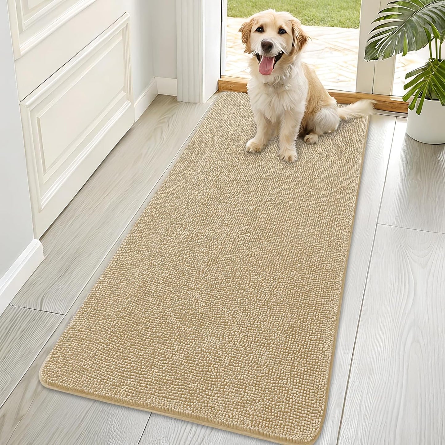 OLANLY Dog Door Mat - Absorbent Non-Slip Chenille Mat for Muddy Paws | 70x35, Quick Dry, Beige