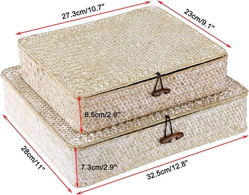 Hipiwe Wicker Storage Bins - Set of 2 Natural Seagrass Baskets with Lids | Multipurpose Home Organizer (Whitewash)