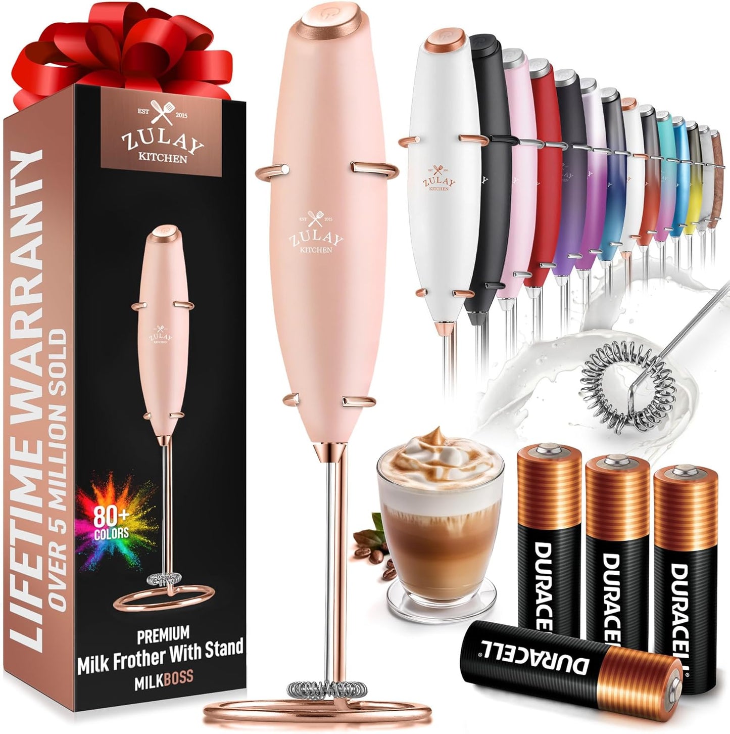 Zulay Kitchen Milk Frother Wand - Ultra-Fast Handheld Electric Whisk for Coffee & Lattes - Rose Peach