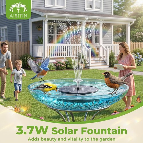 AISITIN Solar Bird Bath Fountain - Upgraded 6.3" Solar Glass Panel, Eco-Friendly Pump for Garden & Pond