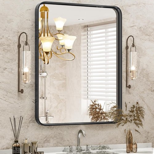 DUMOS Black Metal Framed Bathroom Mirror - 36x24 Inch Rounded Rectangle Design | Modern Matte Finish for Versatile Hanging