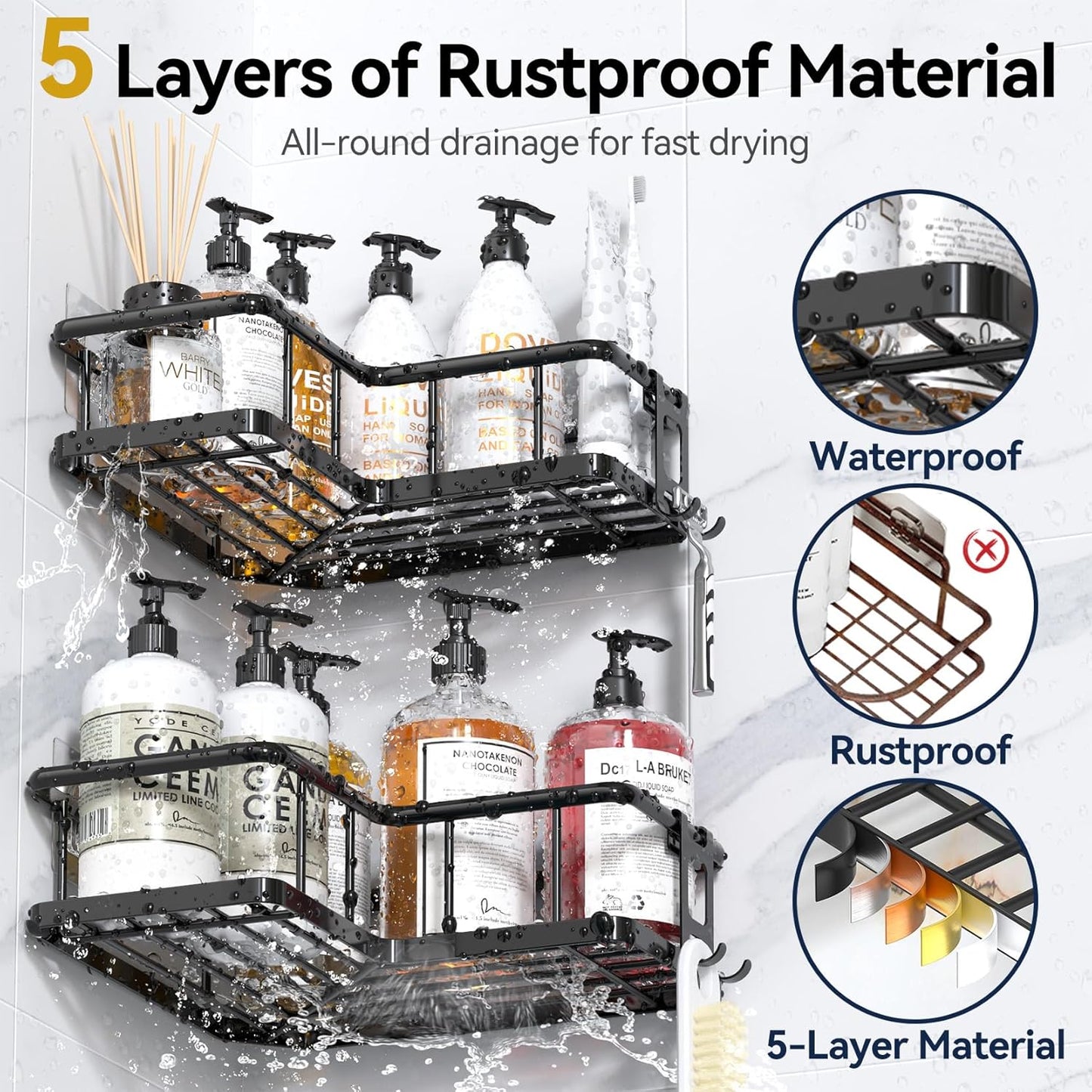 YASONIC Shower Caddy Corner - 3-Pack Rustproof Stainless Steel Shelves with Soap Holder | No-Drill Organizer for Dorms & Rentals, Black