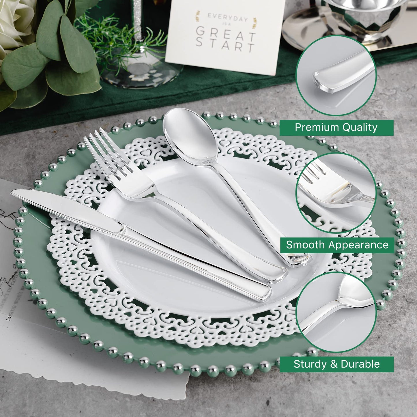 N9R 120PCS Silver Plastic Silverware, Silver Plastic Cutlery Set Disposable Flatware Dinnerware -60 Forks, 30 Spoons, 30 Knives for Wedding, Party, Birthday and Daily Use